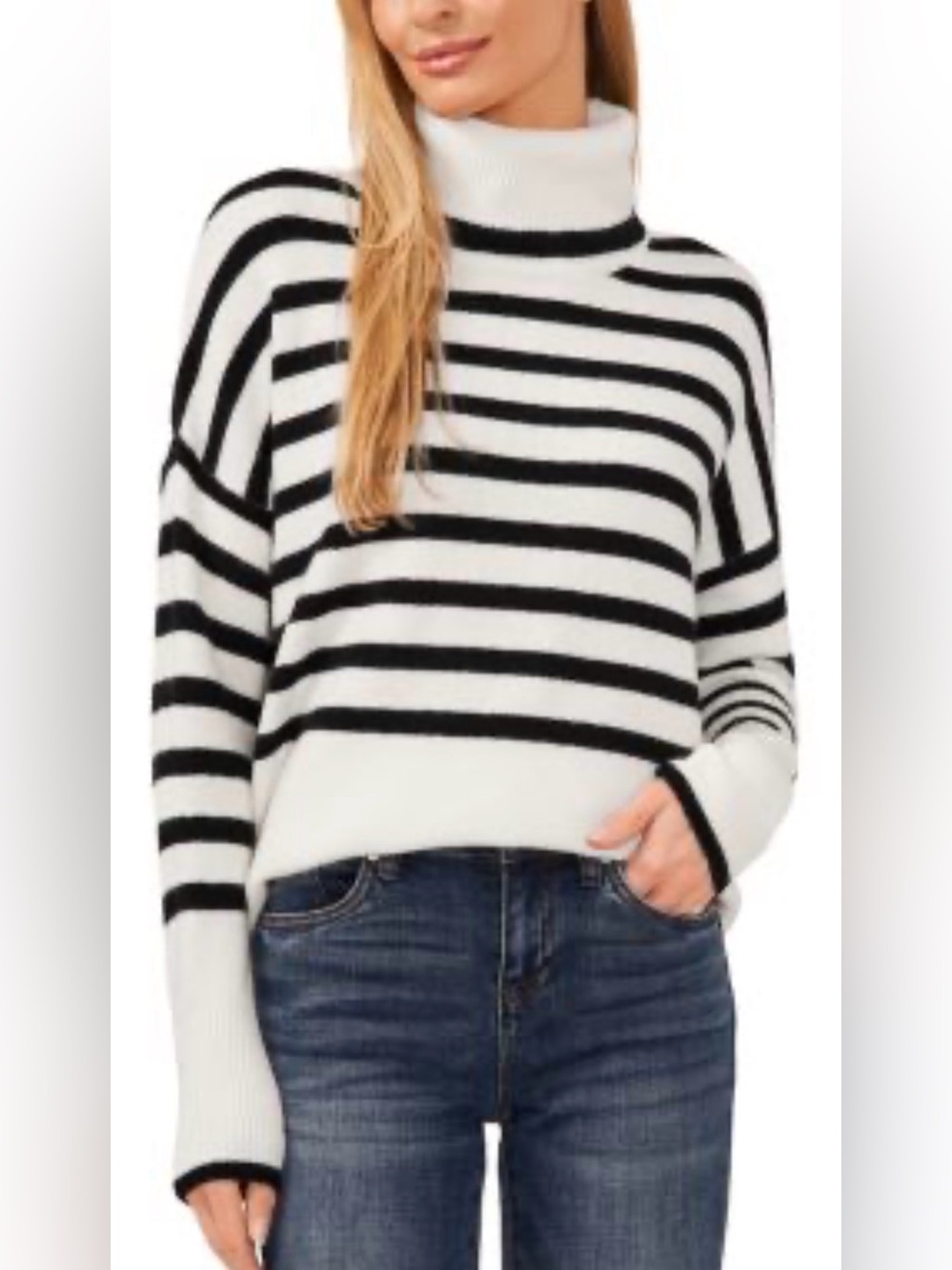 CeCe Cream and Black Striped Cowl Neck Sweater. Medium